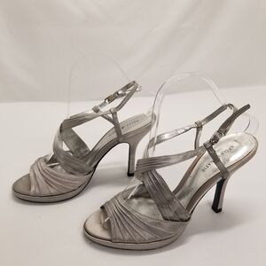 Kelly & Katie Womans Size 7W Silver Satin High Heel Sandal Sling Back Buckle